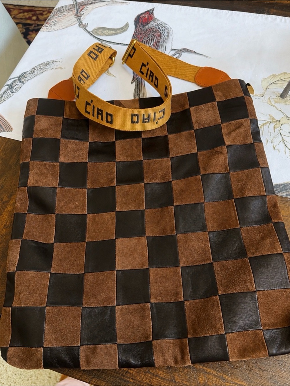 Clare V Brown and Black Checkerboard Tote with Yellow Strap